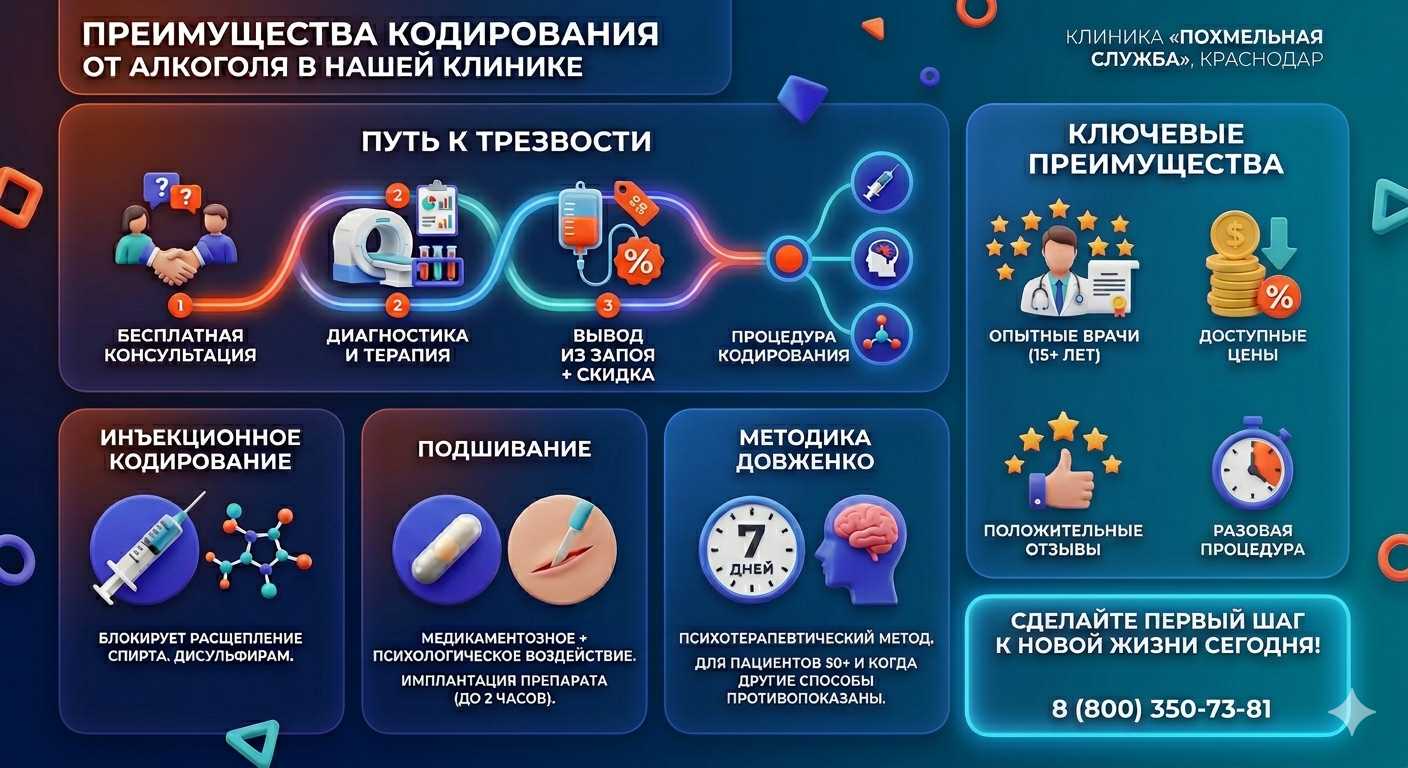 Инфографика о методах кодирования от алкоголя в Калманке: инъекции, подшивание, метод Довженко. Преимущества клиники и этапы лечения.