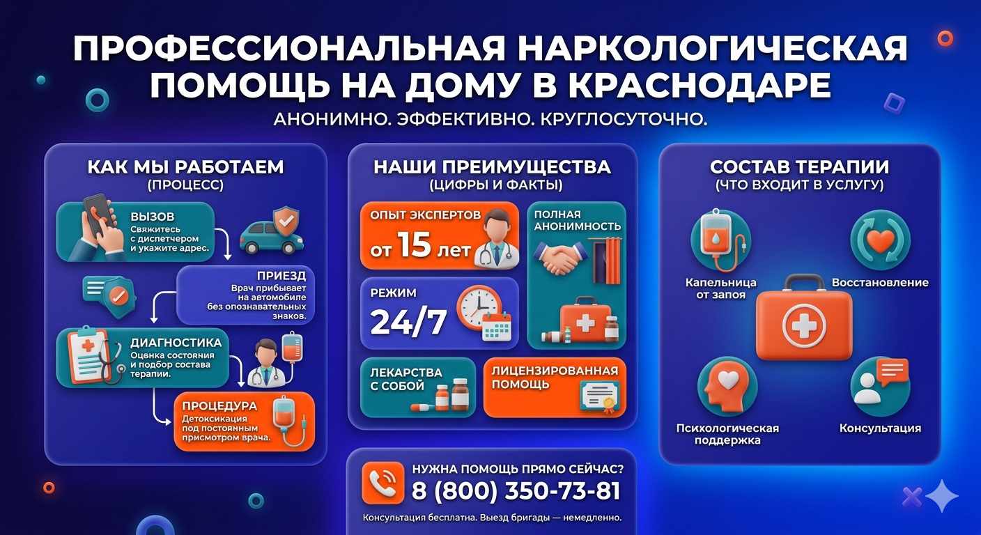 Инфографика о принципах лечения алкоголизма на дому в Калманке: этапы вызова нарколога, преимущества анонимной детоксикации и состав медицинской помощи.